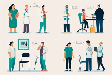 healthcare insurance, doctor and patient, prescription drugs clinic flat illustration
