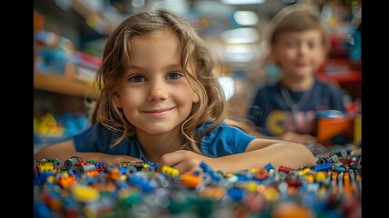 Children playing with a mosaic, symbolizing creativity and learning. Perfect for themes of childhood, education, and creativity.