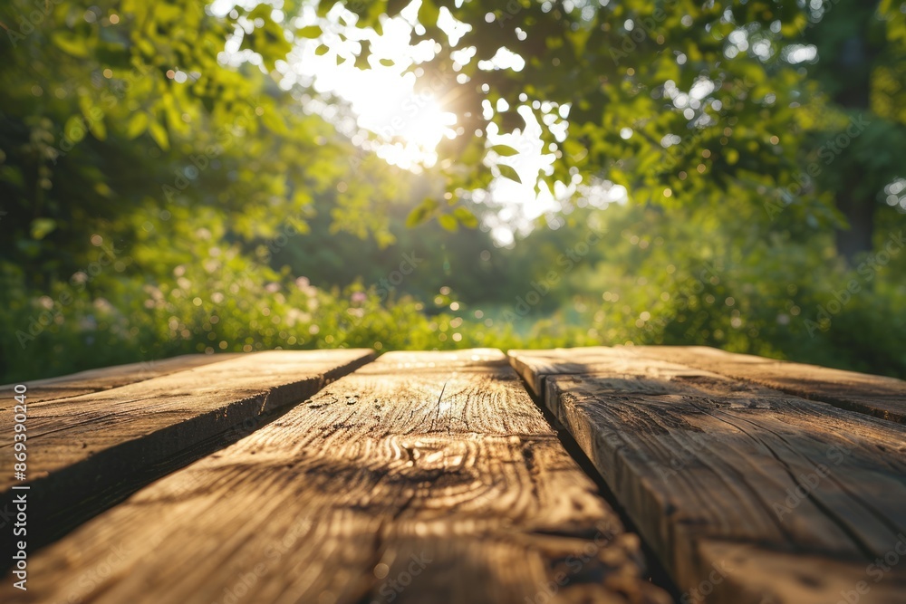 Poster the picture of the wood table in the middle of the forest that surrounded with an uncountable amount