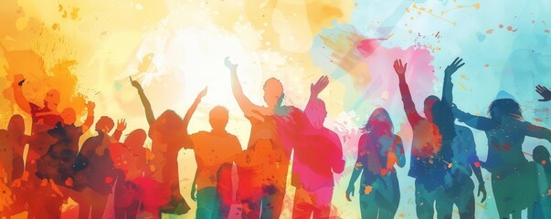 Colorful watercolor painting of a group of young people jumping and dancing with raised hands.