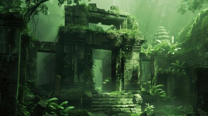 ancient ruins overgrown with lush vegetation and hidden treasures cinematic composition