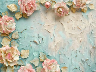 A wall with a floral design and a few roses