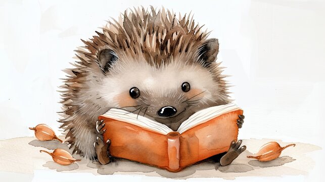 Adorable, clever watercolor hedgehog reading a book, character illustration isolated on a white background
