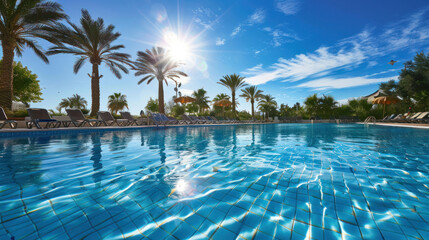 Fototapeta premium Crystal clear swimming pool with sun loungers and palm trees