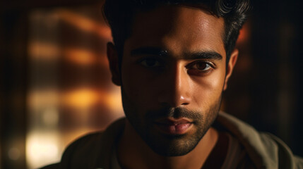 Photo of a closeup cinematic portrait of a stylish 28-year-old American man of South Asian descent. Pleasant expression with a background collage of India, Chicago, and yoga.