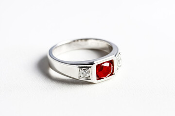 Silver ring with red gemstone and diamonds