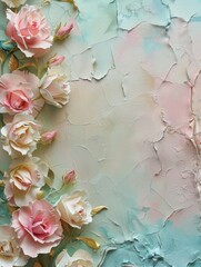 A wall with a floral design and a few roses