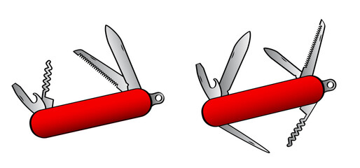 Cartoon red jackknife multitool, tools. Pen knife icon. Clasp knife sign. Corkscrew or bottle screw, knifes, saw, screwdriver and bottle opener. survival, travel, picnic, camping tool. Pocketknife. 