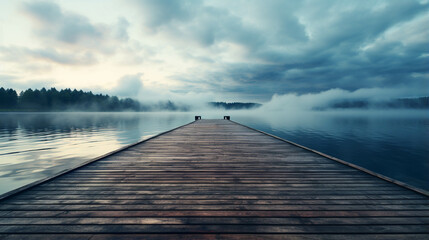 Obraz premium Empty wooden dock in a lake on foggy clouds
