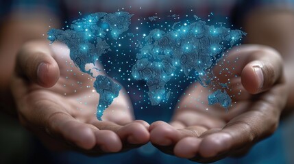 Businessman professional use network symbol world map hologram.