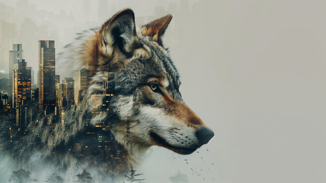 double exposure of a wolf with a city, concept on the dangers of approaching two habitats, created with generative AI technology