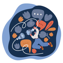 Carton vector illustration of woman putting power plug into socket Concept of productivity boost, source of energy for brain charging over dark background