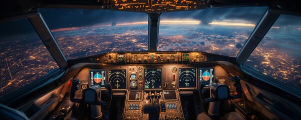 Fish eye view of an aircraft's cockpit at night with illuminated control panels and city lights below, capturing the essence of modern aviation technology and its nocturnal splendor.
