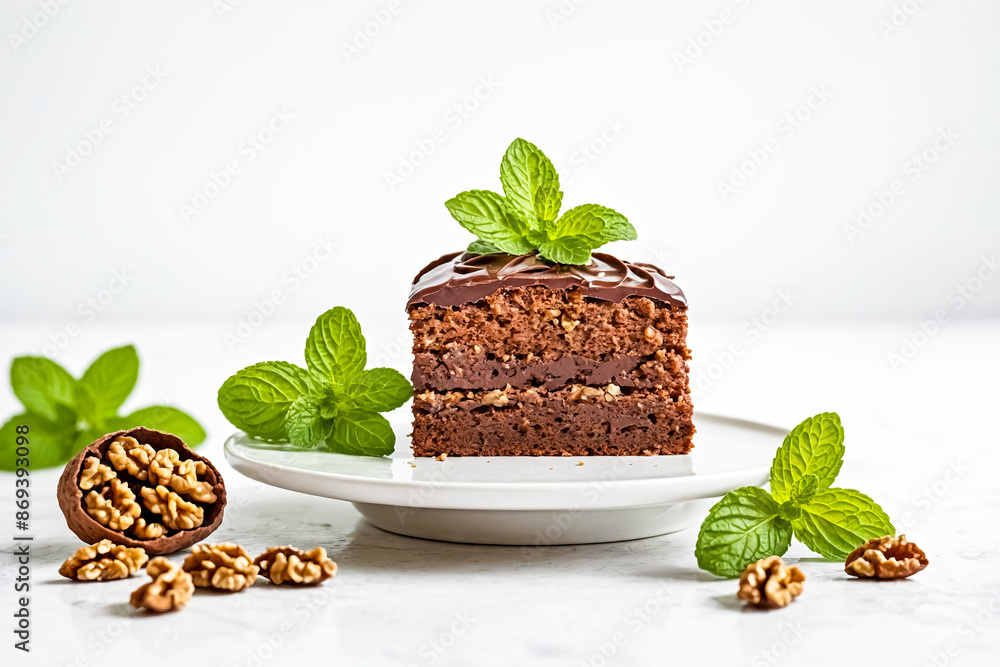 Canvas Prints Chocolate Walnut Cake with Mint Garnish