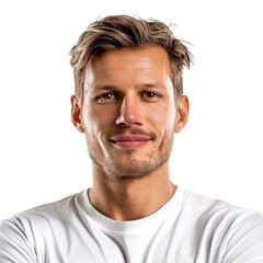 professional smiling soccer player standing isolated on white background, looking directly at the camera with an attentive expression
