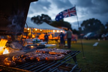 A breathtaking view of a traditional Australian outdoor barbecue, adorned with the Australian flag, as people come together to celebrate the Queen's Birthday in a joyous and festive atmosphere.