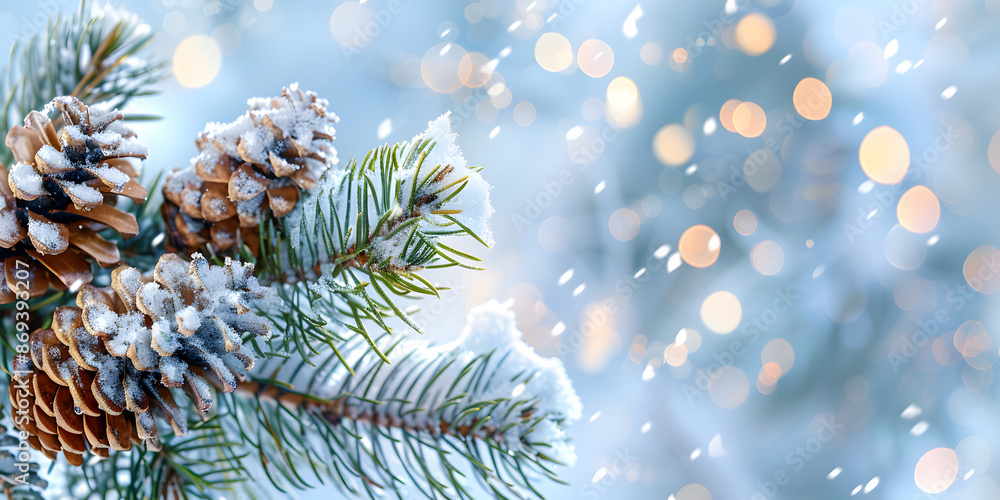 Poster christmas tree with cones in a snowy forest