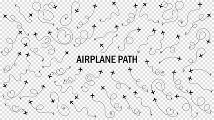 Obraz premium Airplane or aeroplane routes path set. Travel concept from start point and dotted line tracing. Aircraft tracking, plane path, travel, map pins, location pins. Vector illustration. Transparent bg.