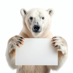 A cute polar bear and paws holds a white acrylic sheet in its paws against a isolated on white...