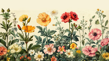 Fototapeta premium Detailed vintage botanical illustration of various flowers, perfect for botanical enthusiasts and antique art collectors.