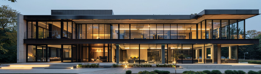 Fototapeta premium Sleek contemporary building with glass windows and raw concrete structure.