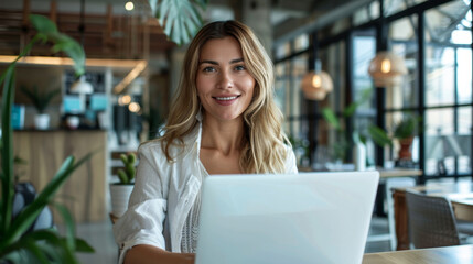 Fototapeta premium Smiling female entrepreneur using laptop in modern office setting.