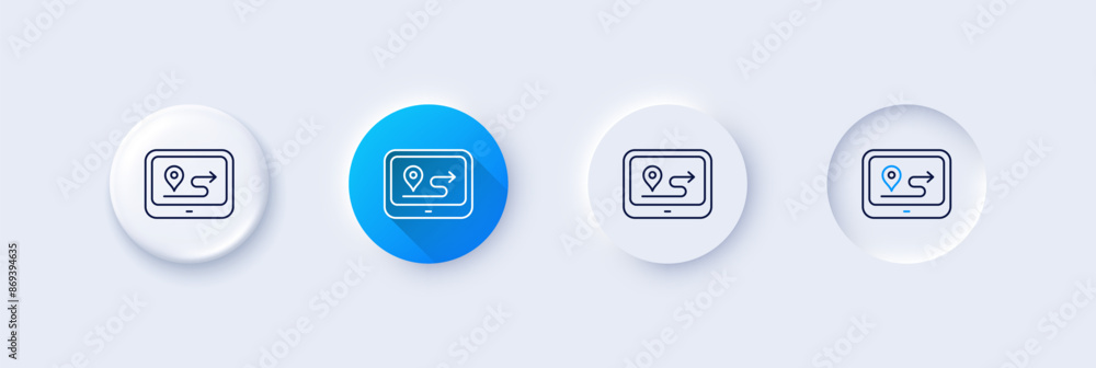 Poster gps route line icon. neumorphic, blue gradient, 3d pin buttons. road path sign. journey map device s