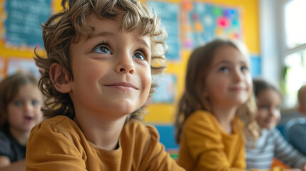 Obraz premium Vibrant portrait of children engaged in classroom activities, surrounded by colorful decorations and furniture.