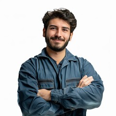 Obraz premium professional smiling Mechanic standing isolated on white background, looking directly at the camera with an attentive expression