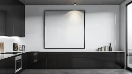 A minimalist kitchen with sleek black cabinets, a single large empty frame on a white wall, highlighted by a spotlight.