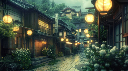 Japanese street with traditional houses and hanging lanterns
