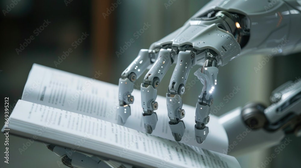 Poster close-up of robotic hands holding a book in a futuristic setting, symbolizing ai and technology adva