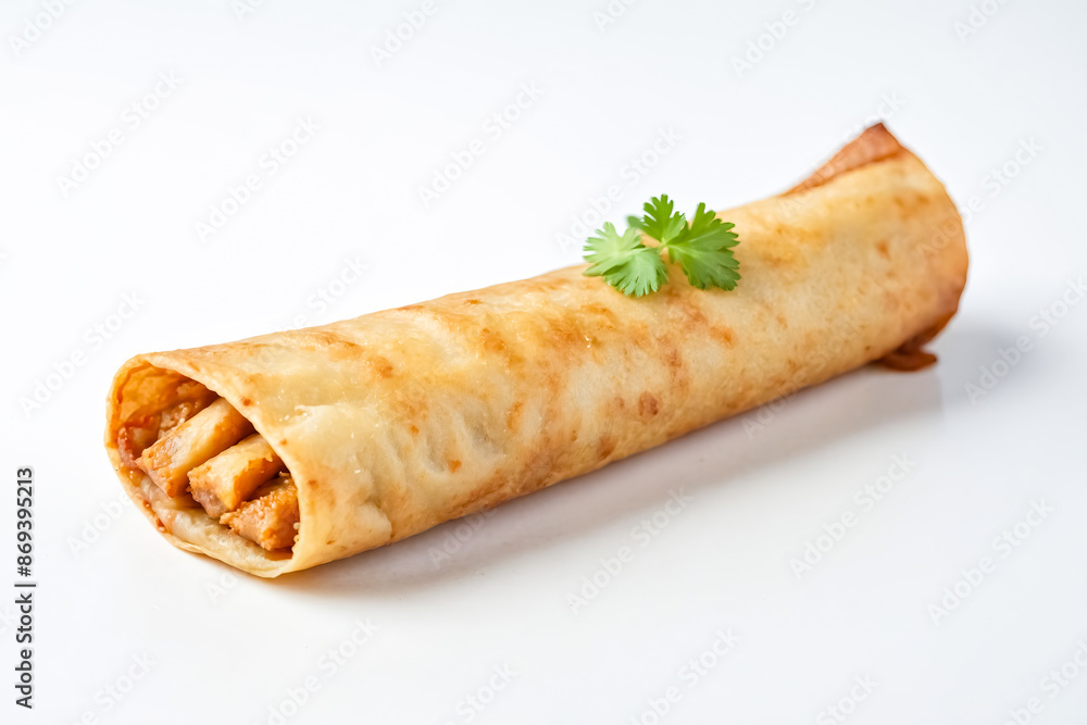 Poster close-up of a single spring roll on a white background