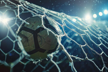 Soccer ball stuck in net under bright stadium lights