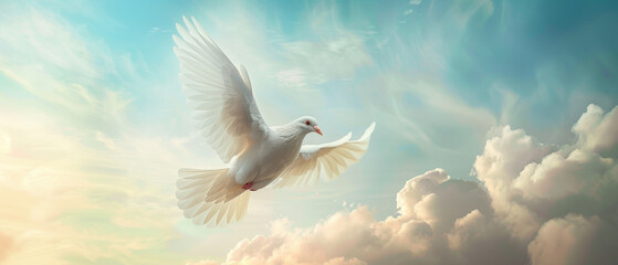 A peaceful sky funeral scene with white dove, providing a serene and reflective atmosphere.