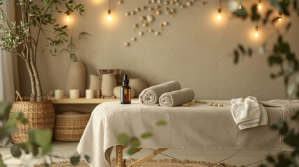 Tranquil and cozy massage ambiance for aromatherapy treatments with essential oils and soft lighting.