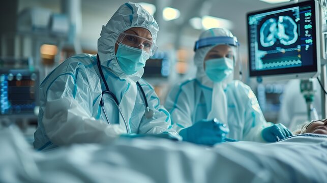 Medical Professionals in Protective Gear Attend to Patient in Hospital Room