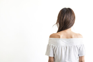 Obraz premium Woman in a white off the shoulder top, back view