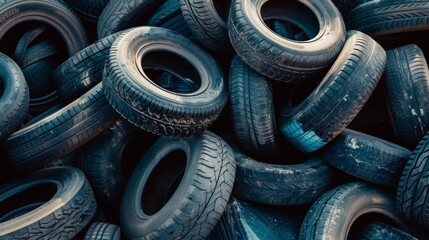 Landfill with old tires and tyres for recycling, Reuse of waste rubber tires. Worn out used wheels
