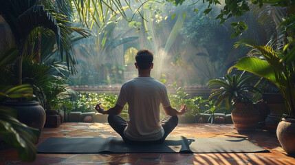 Man meditating on a yoga mat in a peaceful garden