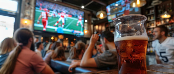 Passionate fans cheering during live football match in sports pub.