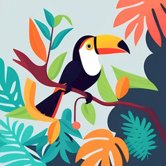 Fototapeta premium Toucan bird, sitting on a branch, attractive beak, beautiful eyes, spring season, leaves of various colors and pleasant sky background
