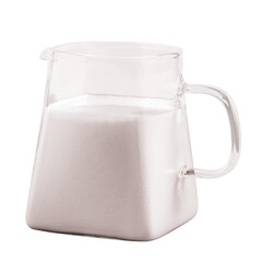 Small glass jug pitcher of fresh milk isolated