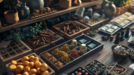 Fototapeta premium Assortment of spices and herbs in a rustic market setting