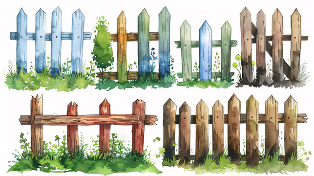 Hand-drawn style picket fence segments clipart set on white background
