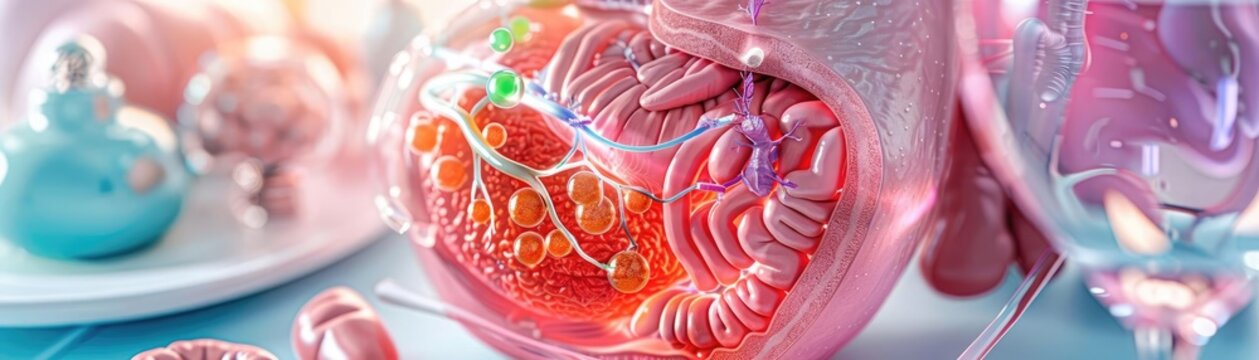 Cross-section of the pancreas showing enzyme production zones and insulin pathways, detailed anatomy, pancreatic function