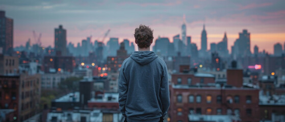 Naklejka premium Man in sweatshirt overlooks city skyline in serene sky backdrop.