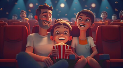 This photo captures the delight of a family outing to the cinema, with parents and their child enjoying a film together, their faces glowing with happiness as they share popcorn and laughter.