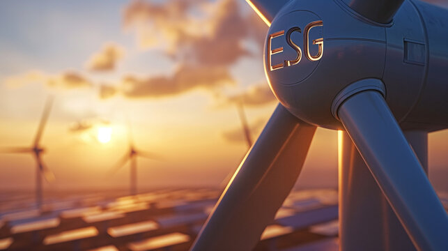 The word esg on wind turbines, sustainable environmental technology, environmentally friendly renewable energy