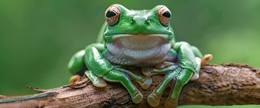 Beautiful white tree frog on branch, dumpy frog perch on green leaves, beautiful tree frog